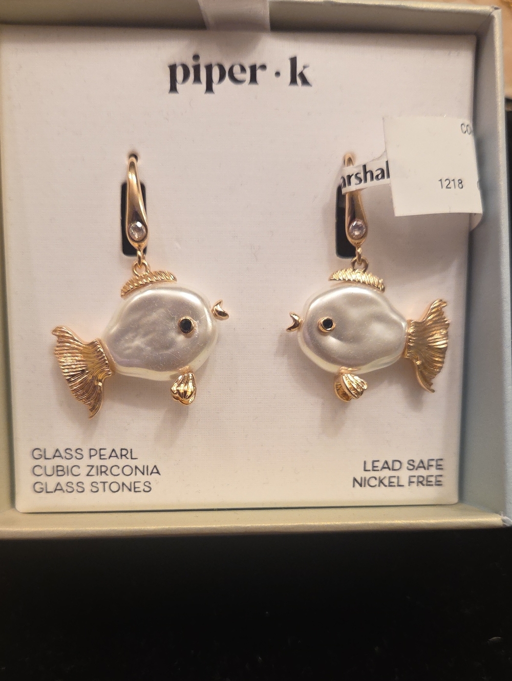 Piper•k Gold-Tone Fish Drop Earrings with White Pearl Bodies